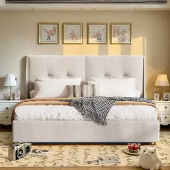 ProximaX Lit double 160x200 cm beige avec tête de lit rembourrée, LED intégré, rangement sous sommier et design minimaliste Discount