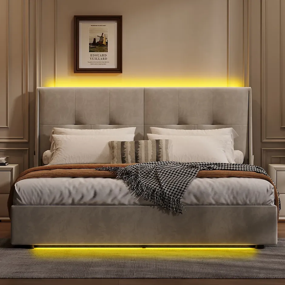 ProximaX Lit double 160x200 cm beige avec tête de lit rembourrée, LED intégré, rangement sous sommier et design minimaliste Discount