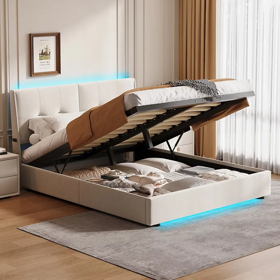ProximaX Lit double 160x200 cm beige avec tête de lit rembourrée, LED intégré, rangement sous sommier et design minimaliste Discount