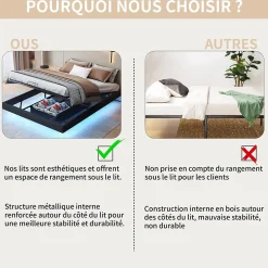 ProximaX Lit double 160x200 cm beige design flottant avec LED, sommier lattes bois, structure métal, Sans tête, rangement intégré New