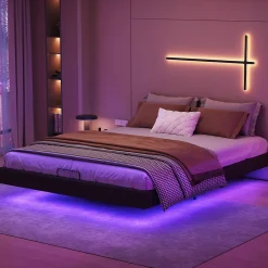 ProximaX Lit double 160x200 cm beige design flottant avec LED, sommier lattes bois, structure métal, Sans tête, rangement intégré New