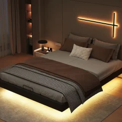 ProximaX Lit double 160x200 cm beige design flottant avec LED, sommier lattes bois, structure métal, Sans tête, rangement intégré New