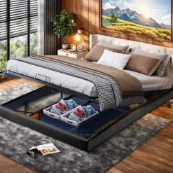 ProximaX Lit double 160x200 cm beige design flottant avec LED, sommier lattes bois, structure métal, Sans tête, rangement intégré New