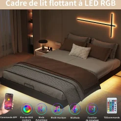 ProximaX Lit double 160x200 cm beige design flottant avec LED, cadre métal, sommier à lattes bois et espace de rangement (sans tête de lit) Best