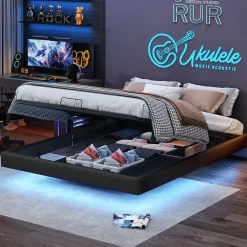 ProximaX Lit double 160x200 cm beige design flottant avec LED, cadre métal, sommier à lattes bois et espace de rangement (sans tête de lit) Best