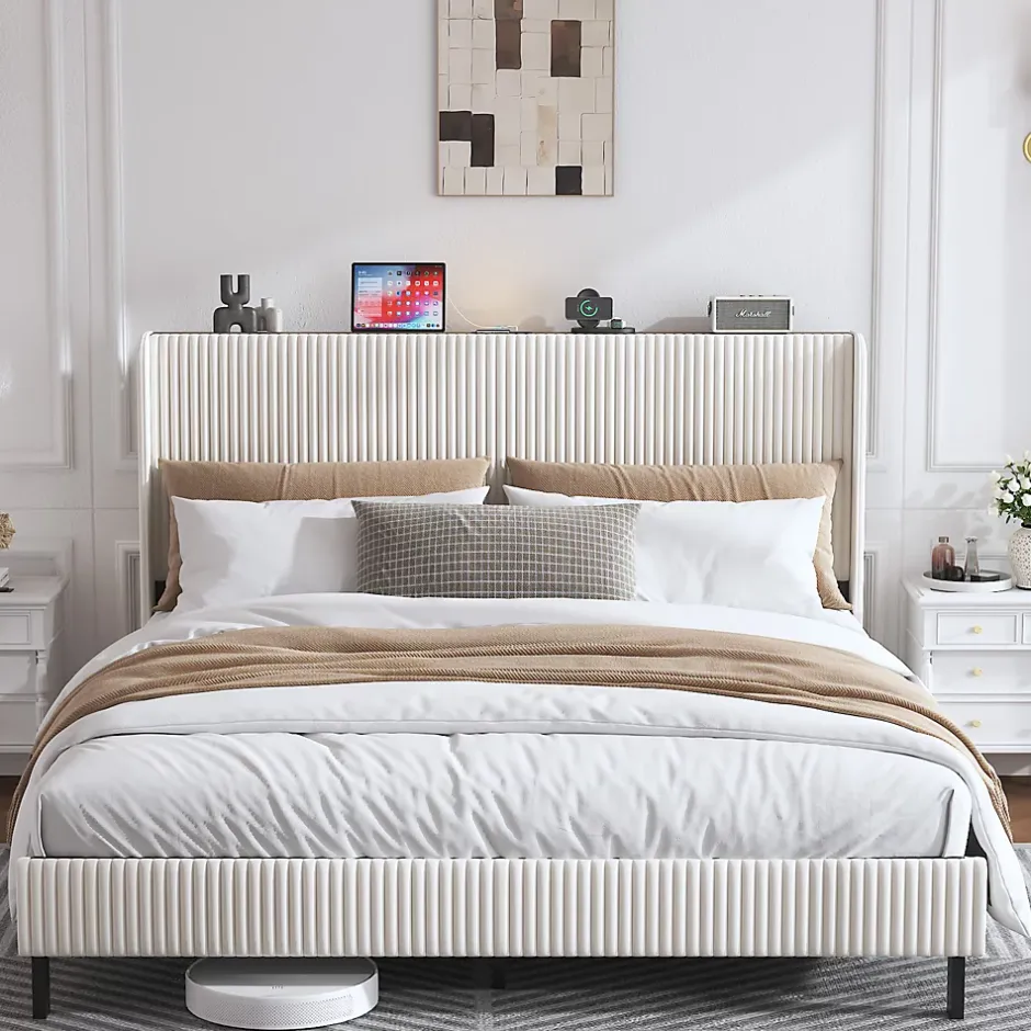 Okwish Lit double 180x200 cm capitonné adulte avec métallique stable et design à ailes - plateforme rembourrée velours côtelé beige/crème Online