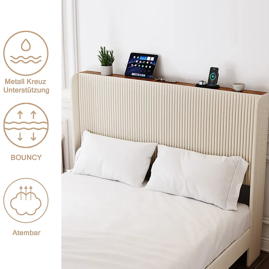 Okwish Lit double 180x200 cm capitonné adulte avec métallique stable et design à ailes - plateforme rembourrée velours côtelé beige/crème Online