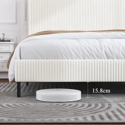Okwish Lit double 180x200 cm capitonné adulte avec métallique stable et design à ailes - plateforme rembourrée velours côtelé beige/crème Online