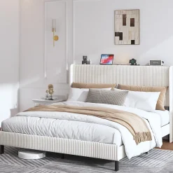 Okwish Lit double 180x200 cm capitonné adulte avec métallique stable et design à ailes - plateforme rembourrée velours côtelé beige/crème Online
