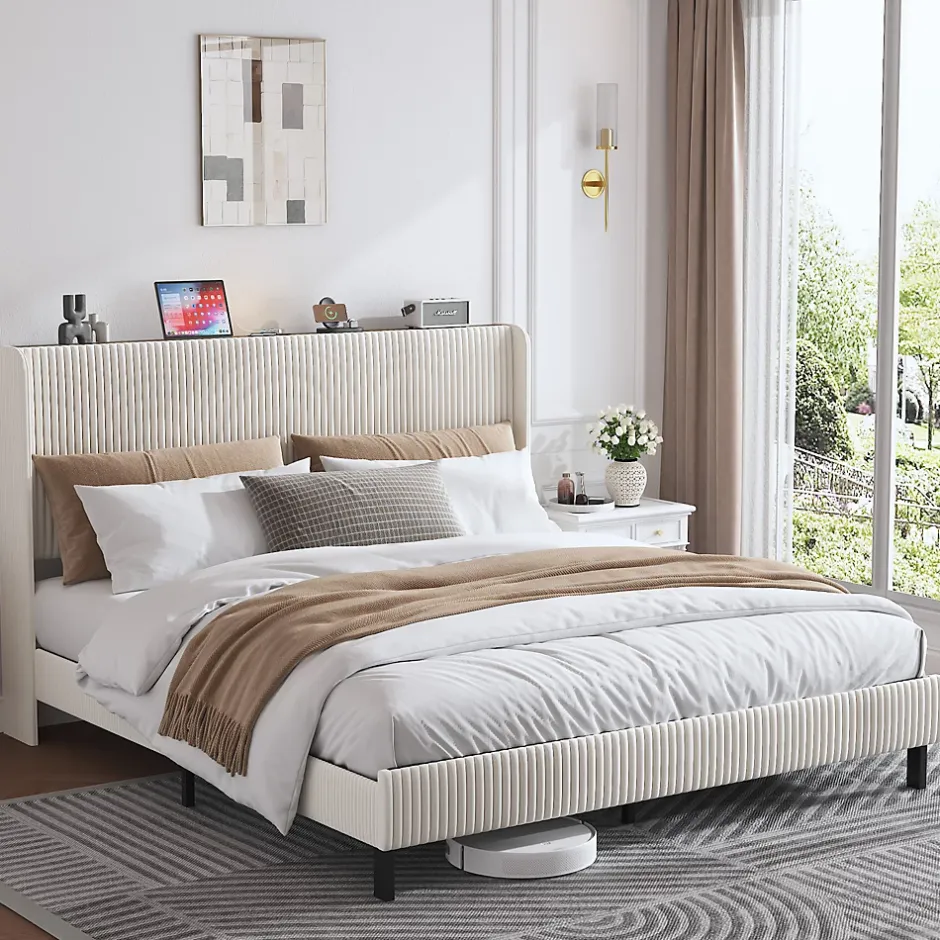 Okwish Lit double 180x200 cm capitonné adulte avec métallique stable et design à ailes - plateforme rembourrée velours côtelé beige/crème Online