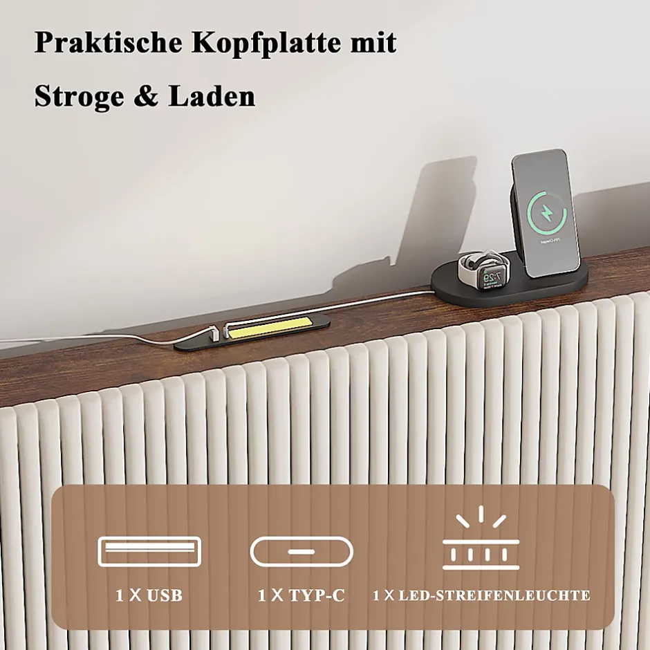 Okwish Lit double 180x200 cm capitonné adulte avec métallique stable et design à ailes - plateforme rembourrée velours côtelé beige/crème Online