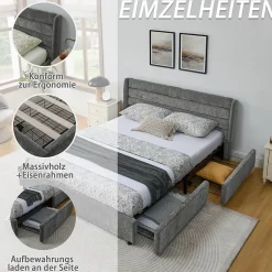 Okwish Lit Double 160x200 cm Capitonné, 4 Tiroirs, Facile à Assembler pour Chambre Parentale ou d'Invité, Gris Foncé, Sans Matelas Online