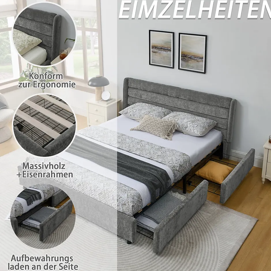 Okwish Lit Double 160x200 cm Capitonné, 4 Tiroirs, Facile à Assembler pour Chambre Parentale ou d'Invité, Gris Foncé, Sans Matelas Online