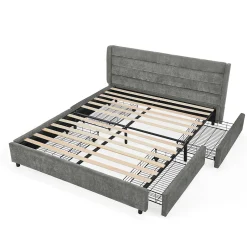 Okwish Lit Double 160x200 cm Capitonné, 4 Tiroirs, Facile à Assembler pour Chambre Parentale ou d'Invité, Gris Foncé, Sans Matelas Online