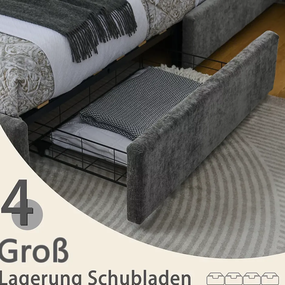 Okwish Lit Double 160x200 cm Capitonné, 4 Tiroirs, Facile à Assembler pour Chambre Parentale ou d'Invité, Gris Foncé, Sans Matelas Online
