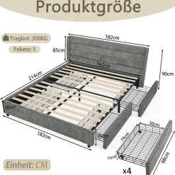 Okwish Lit Double 160x200 cm Capitonné, 4 Tiroirs, Facile à Assembler pour Chambre Parentale ou d'Invité, Gris Foncé, Sans Matelas Online