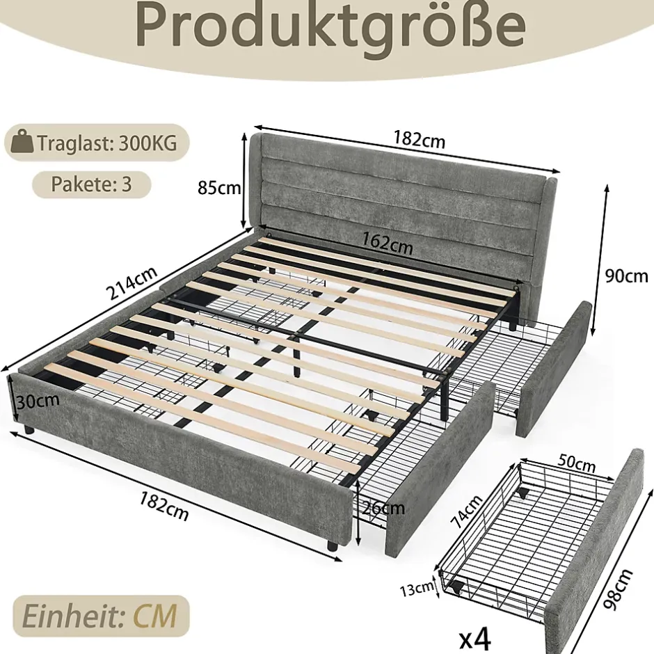 Okwish Lit Double 160x200 cm Capitonné, 4 Tiroirs, Facile à Assembler pour Chambre Parentale ou d'Invité, Gris Foncé, Sans Matelas Online
