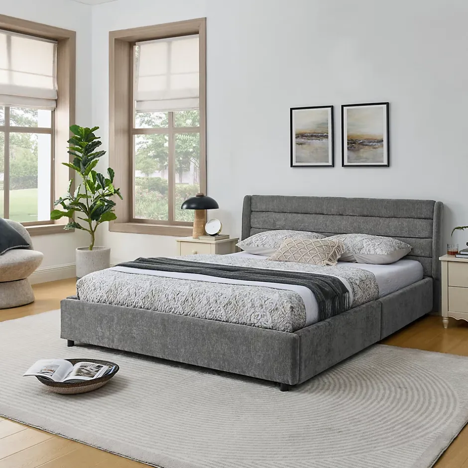 Okwish Lit Double 160x200 cm Capitonné, 4 Tiroirs, Facile à Assembler pour Chambre Parentale ou d'Invité, Gris Foncé, Sans Matelas Online