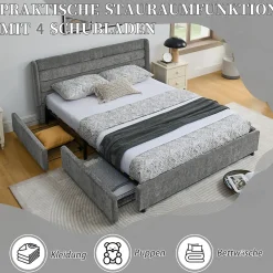 Okwish Lit Double 160x200 cm Capitonné, 4 Tiroirs, Facile à Assembler pour Chambre Parentale ou d'Invité, Gris Foncé, Sans Matelas Online