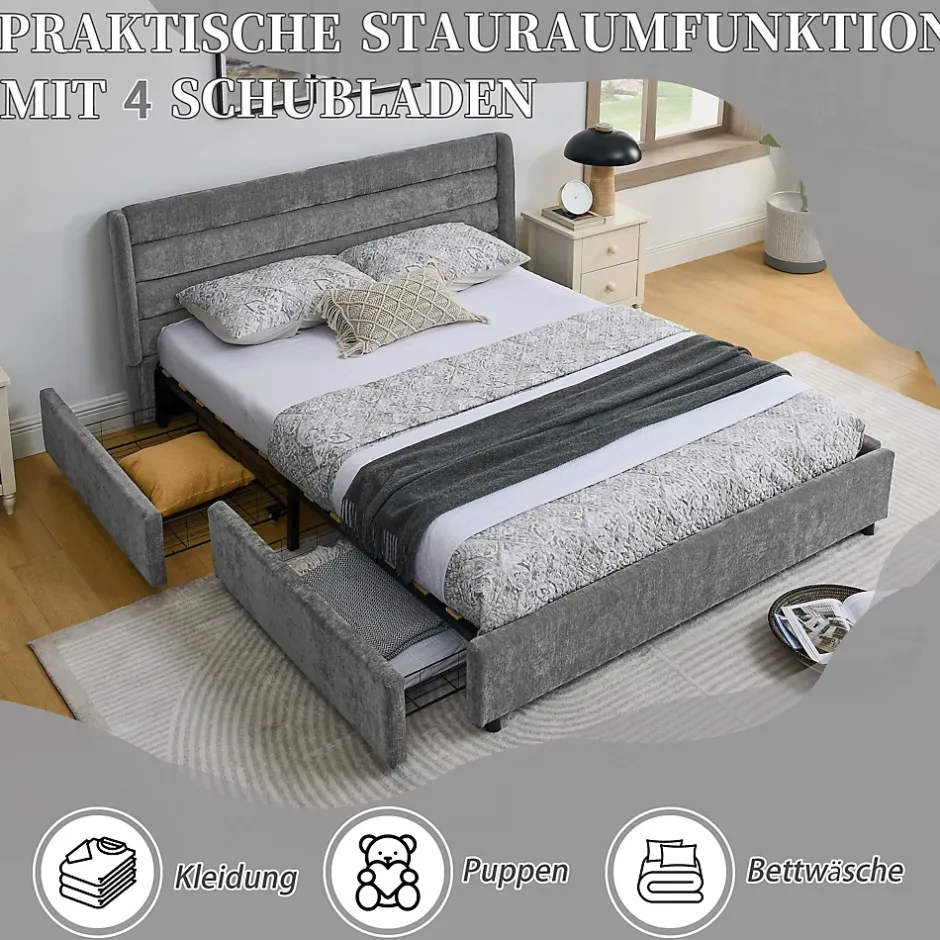 Okwish Lit Double 160x200 cm Capitonné, 4 Tiroirs, Facile à Assembler pour Chambre Parentale ou d'Invité, Gris Foncé, Sans Matelas Online