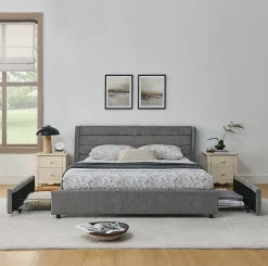 Okwish Lit Double 160x200 cm Capitonné, 4 Tiroirs, Facile à Assembler pour Chambre Parentale ou d'Invité, Gris Foncé, Sans Matelas Online