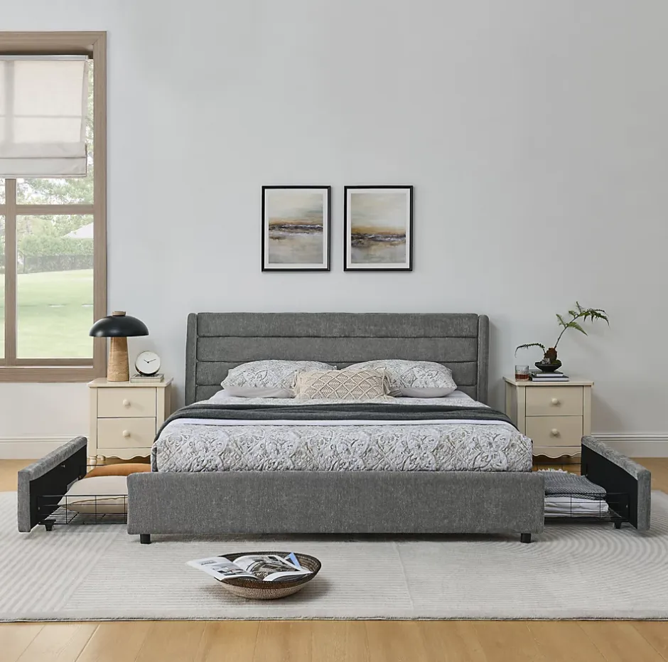Okwish Lit Double 160x200 cm Capitonné, 4 Tiroirs, Facile à Assembler pour Chambre Parentale ou d'Invité, Gris Foncé, Sans Matelas Online