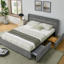 Okwish Lit Double 140x200 cm Capitonné, 4 Tiroirs, Facile à Assembler pour Chambre d'Ado ou d'Invité, Gris Foncé, Sans Matelas New