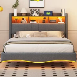 Okwish Lit Double 140x200 cm capitonné avec LED et Ports USB/Type-C, Coffre Intégré, Tissu Gris, Sans Matelas New