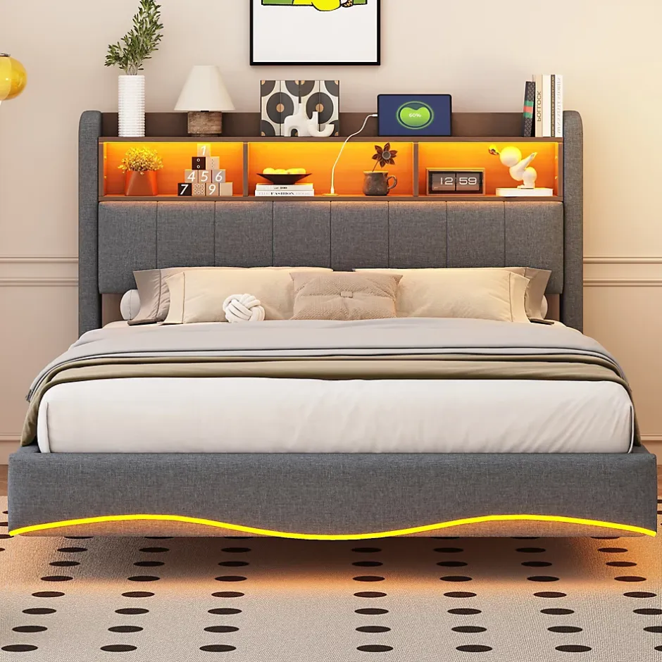 Okwish Lit Double 140x200 cm capitonné avec LED et Ports USB/Type-C, Coffre Intégré, Tissu Gris, Sans Matelas New