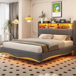Okwish Lit Double 140x200 cm capitonné avec LED et Ports USB/Type-C, Coffre Intégré, Tissu Gris, Sans Matelas New