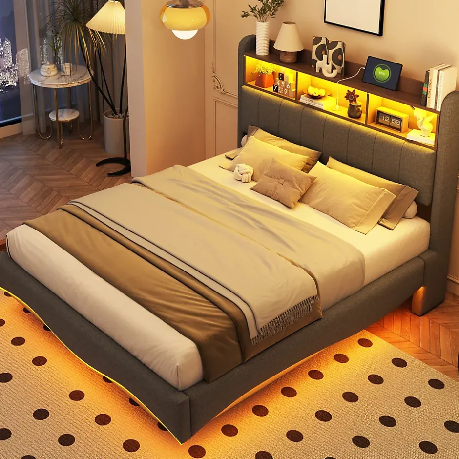 Okwish Lit Double 140x200 cm capitonné avec LED et Ports USB/Type-C, Coffre Intégré, Tissu Gris, Sans Matelas New