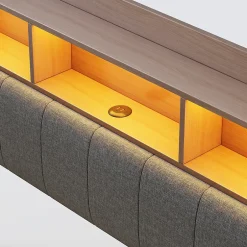 Okwish Lit Double 140x200 cm capitonné avec LED et Ports USB/Type-C, Coffre Intégré, Tissu Gris, Sans Matelas New