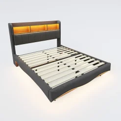 Okwish Lit Double 140x200 cm capitonné avec LED et Ports USB/Type-C, Coffre Intégré, Tissu Gris, Sans Matelas New