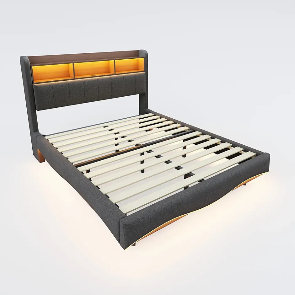 Okwish Lit Double 140x200 cm capitonné avec LED et Ports USB/Type-C, Coffre Intégré, Tissu Gris, Sans Matelas New