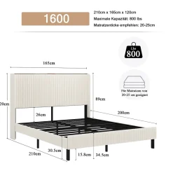 Okwish Lit double 160x200 cm capitonné adulte avec métallique stable et design à ailes - plateforme rembourrée velours côtelé beige/crème Hot