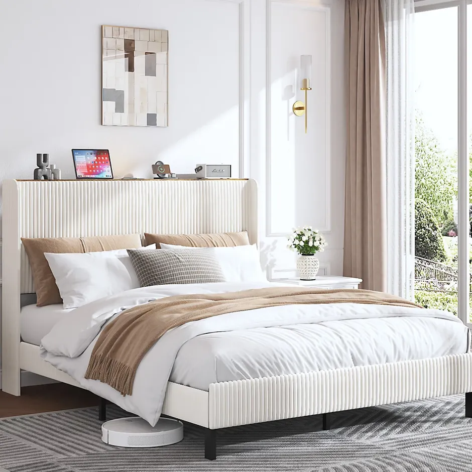 Okwish Lit double 160x200 cm capitonné adulte avec métallique stable et design à ailes - plateforme rembourrée velours côtelé beige/crème Hot