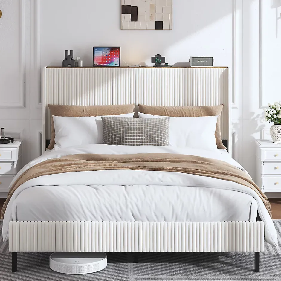 Okwish Lit double 160x200 cm capitonné adulte avec métallique stable et design à ailes - plateforme rembourrée velours côtelé beige/crème Hot