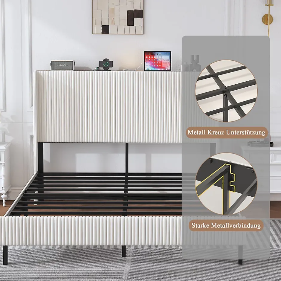 Okwish Lit double 160x200 cm capitonné adulte avec métallique stable et design à ailes - plateforme rembourrée velours côtelé beige/crème Hot