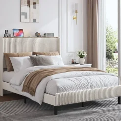 Okwish Lit double 140x200 cm capitonné adulte avec métallique stable et design à ailes - plateforme rembourrée velours côtelé beige/crème Online