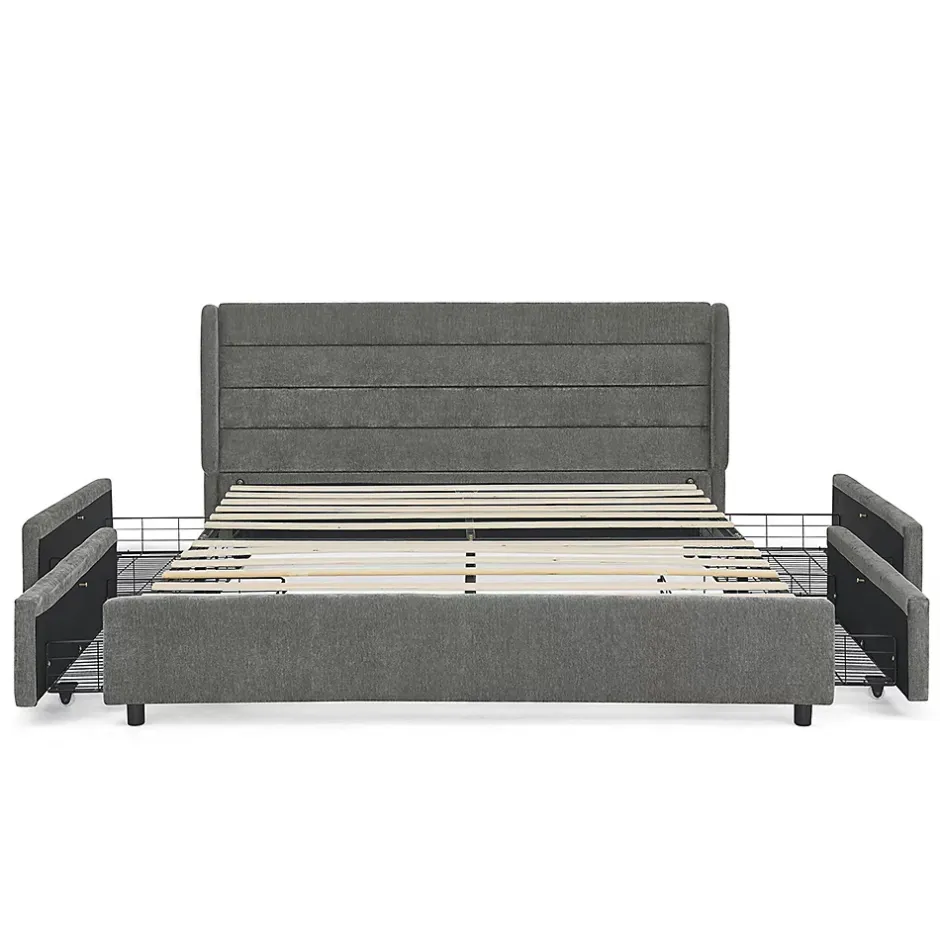 Blackcolors Lit double 160x200 cm, chenille, 4 tiroirs - gris foncé Sale
