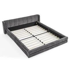 Blackcolors Lit double 140x200 cm, chenille, cadre eucalyptus/fer - gris foncé New
