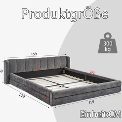 Blackcolors Lit double 140x200 cm, chenille, cadre eucalyptus/fer - gris foncé New