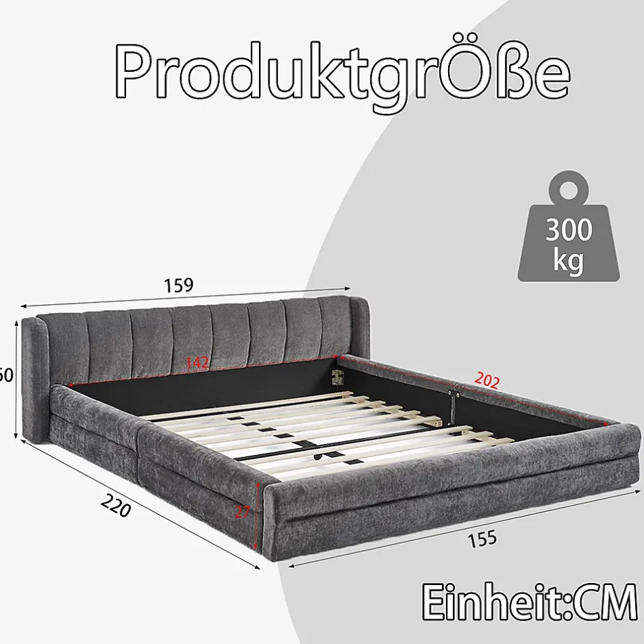 Blackcolors Lit double 140x200 cm, chenille, cadre eucalyptus/fer - gris foncé New