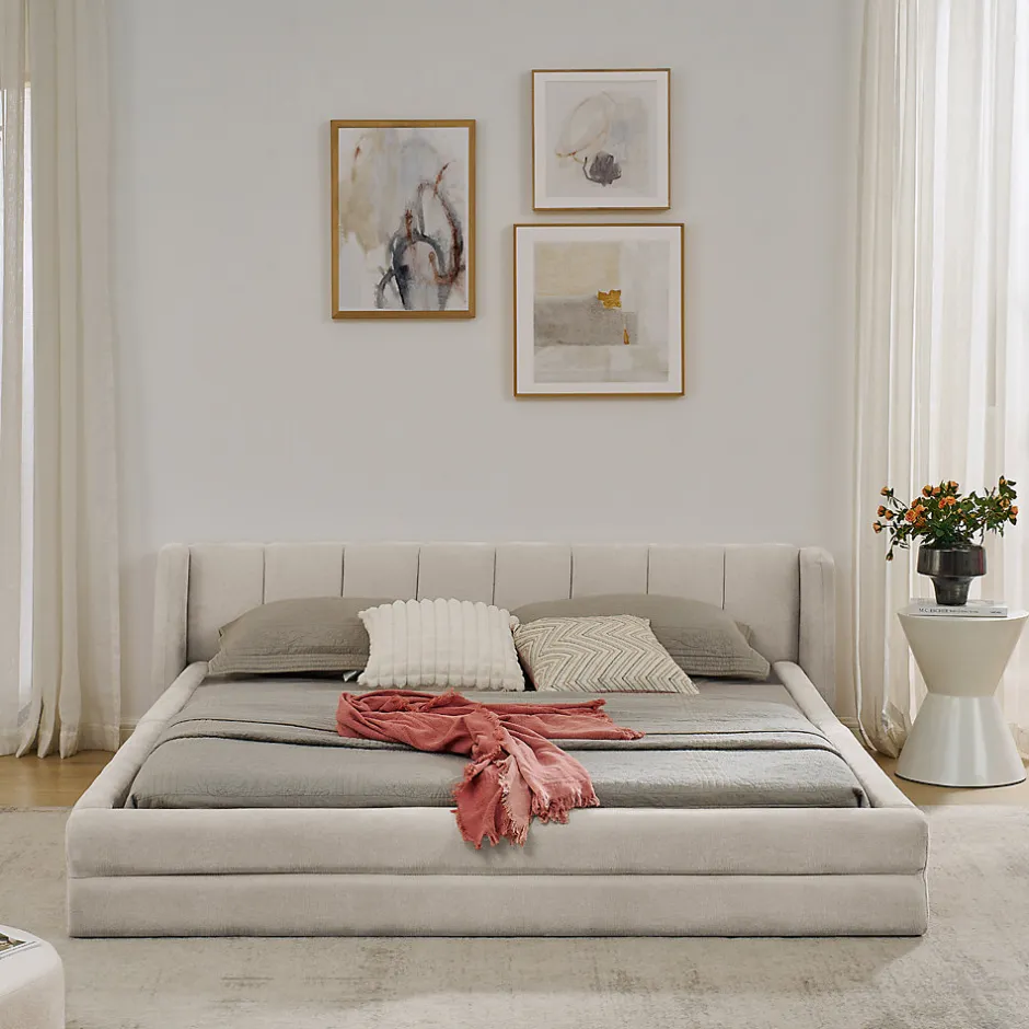 Blackcolors Lit double 160x200 cm, chenille, cadre eucalyptus/fer - beige