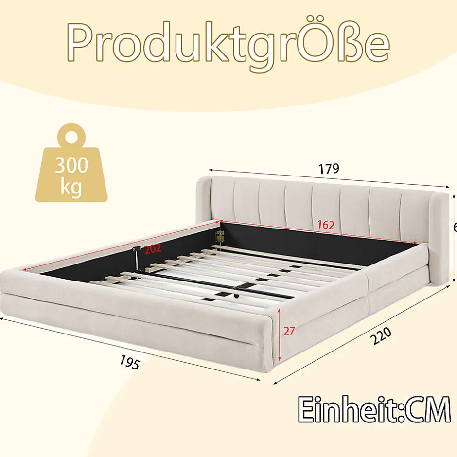 Blackcolors Lit double 160x200 cm, chenille, cadre eucalyptus/fer - beige