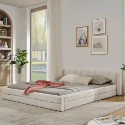 Blackcolors Lit double 160x200 cm, chenille, cadre eucalyptus/fer - beige