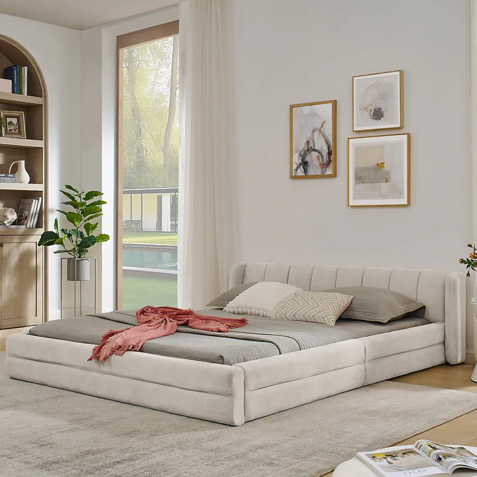 Blackcolors Lit double 160x200 cm, chenille, cadre eucalyptus/fer - beige