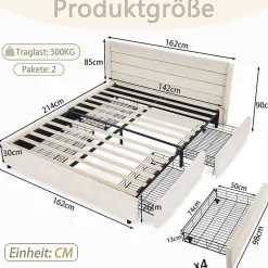 Blackcolors Lit double 140x200 cm, chenille, 4 tiroirs - beige