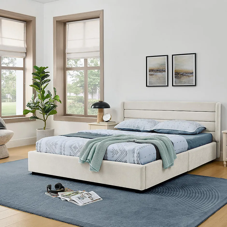 Blackcolors Lit double 140x200 cm, chenille, 4 tiroirs - beige