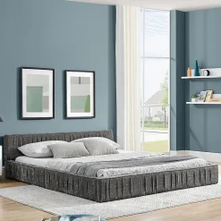 Blackcolors Lit double 160x200 cm, chenille veloutée, bois eucalyptus - gris foncé